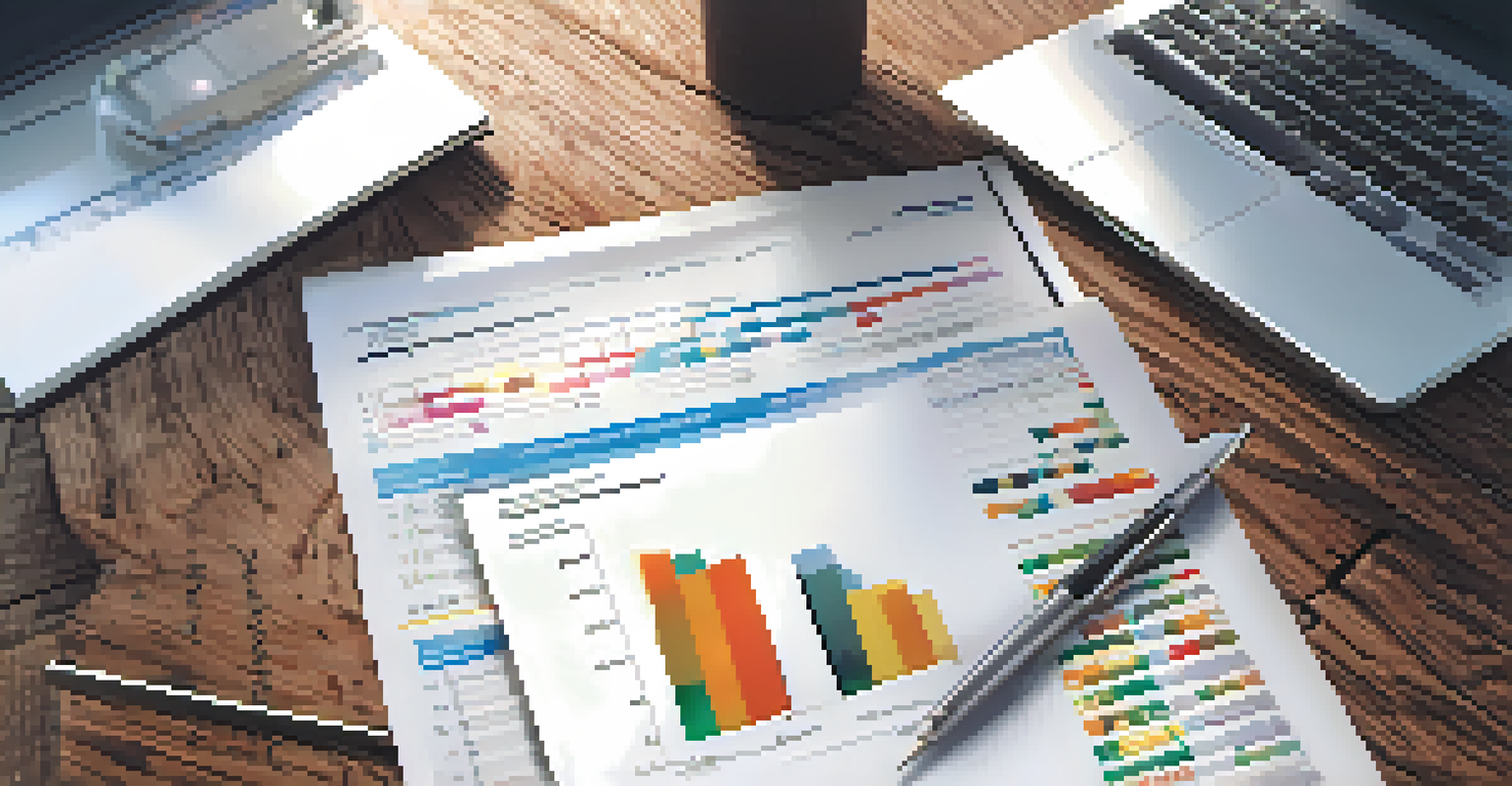 A close-up of a document with graphs and charts on a wooden desk, with a pen and a laptop in the background.