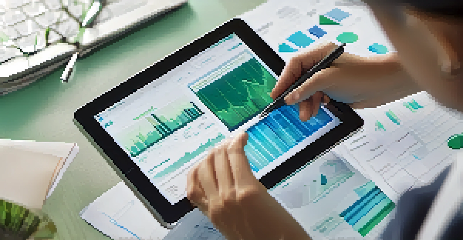 A close-up of a person using a finance tracking app on a tablet, surrounded by financial documents.