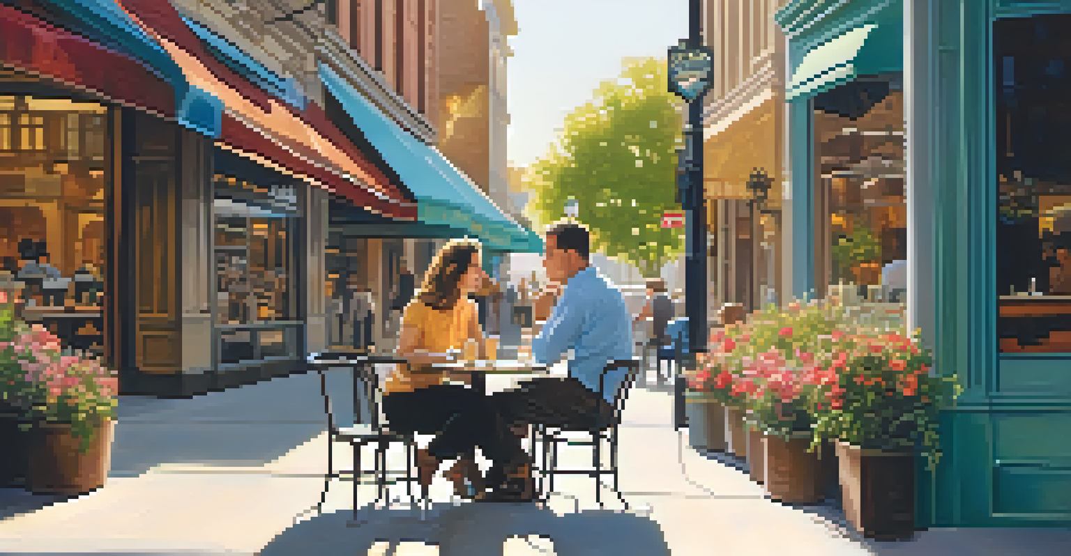 A couple engaged in a serious discussion at a café table, surrounded by a lively street scene bathed in warm sunlight.