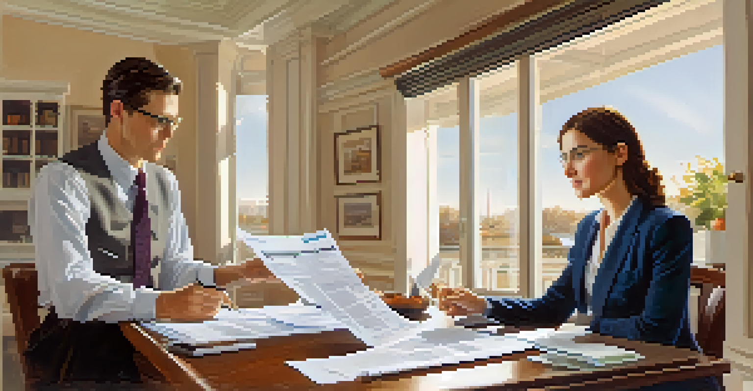 A person consulting with a tax professional over tax documents at a dining table, with a laptop open between them.
