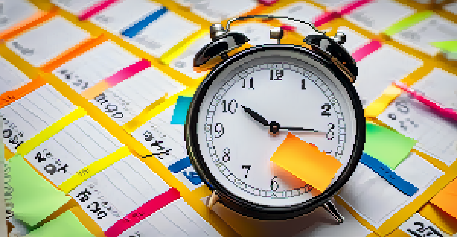 A calendar filled with tax deadlines and colorful notes, with a clock emphasizing the importance of time management.