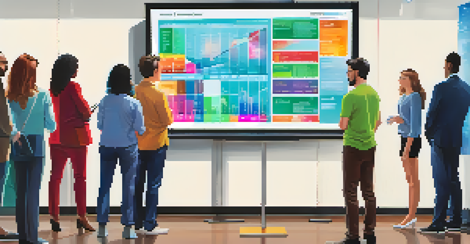 A diverse group of people in a modern room, looking at a digital screen with tax forms and financial graphs.