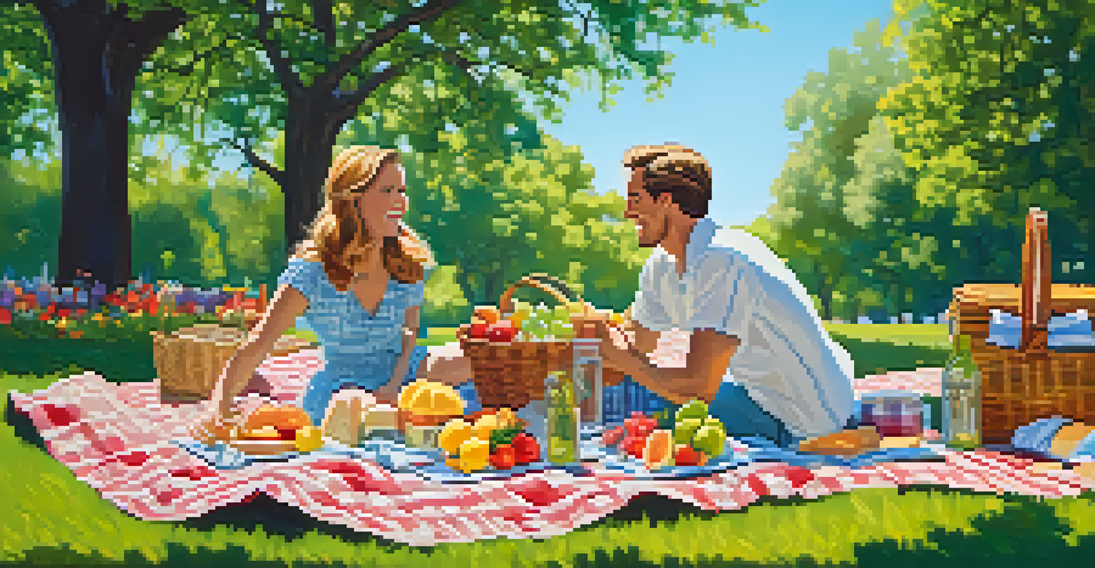 A colorful outdoor picnic scene with a checkered blanket, a basket of food, and people enjoying their time in a park.