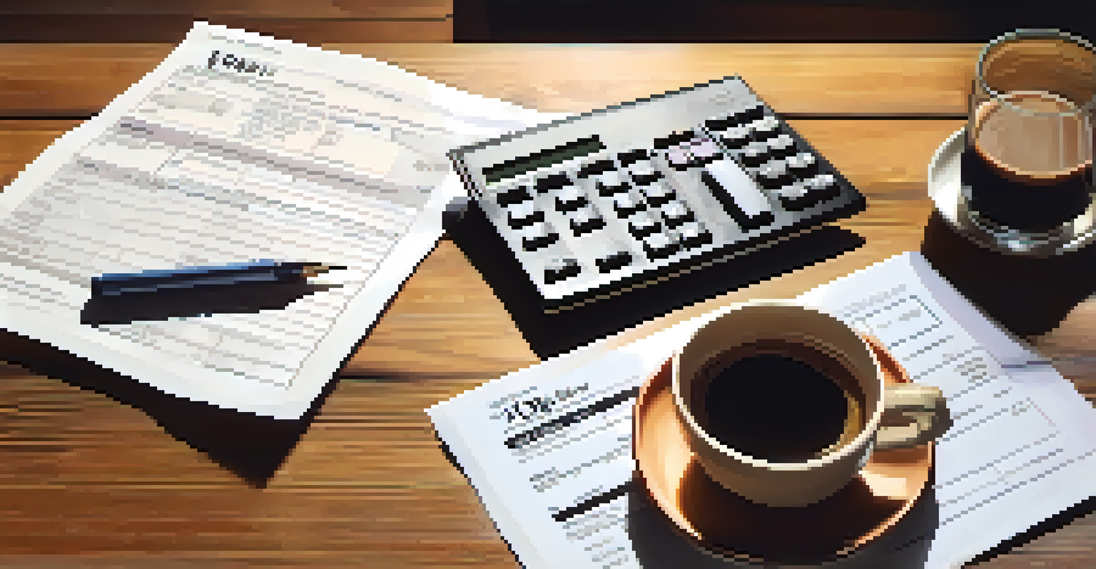 A close-up of a calculator and tax forms next to a cup of coffee on a wooden table, with soft lighting.