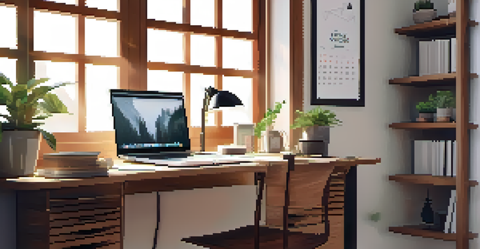 A peaceful home office with a desk, laptop, coffee mug, and plant, illuminated by soft sunlight.