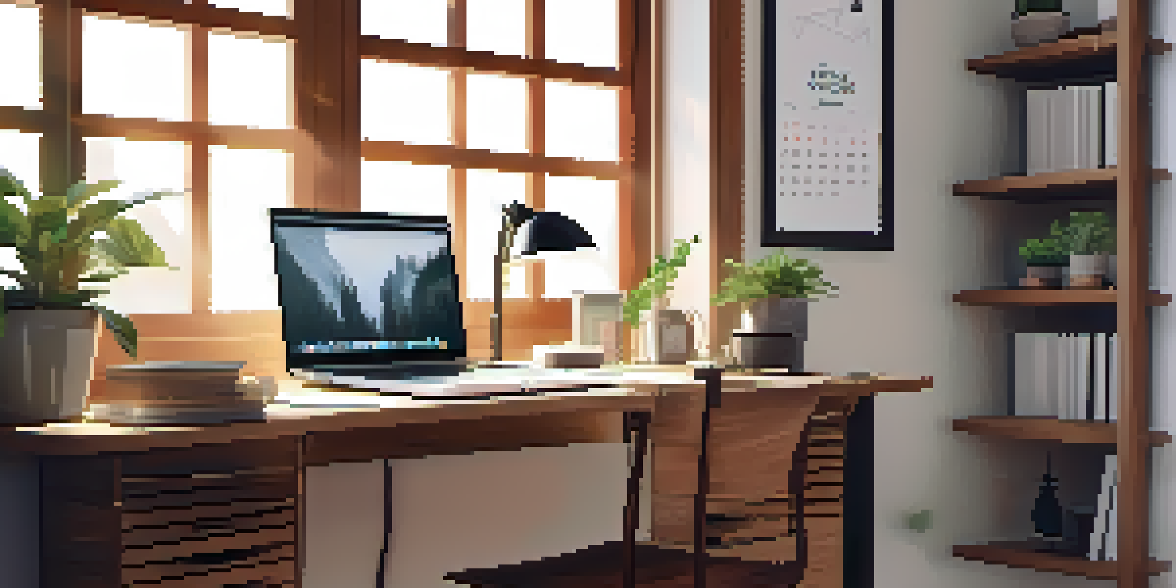 A peaceful home office with a desk, laptop, coffee mug, and plant, illuminated by soft sunlight.