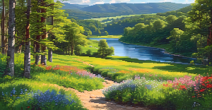 A peaceful green valley with a winding river, bright blue sky, and colorful wildflowers in the foreground.