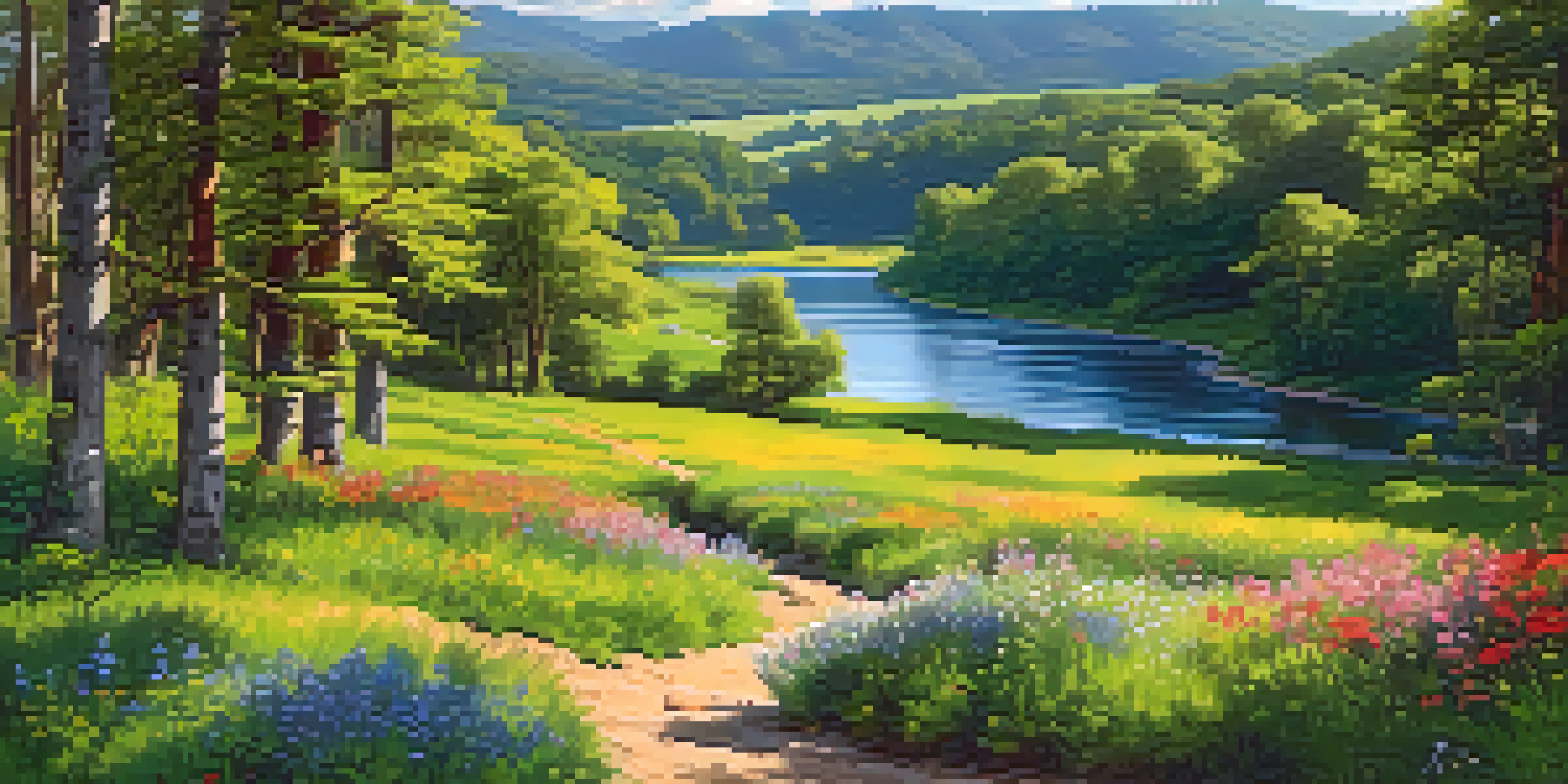 A peaceful green valley with a winding river, bright blue sky, and colorful wildflowers in the foreground.