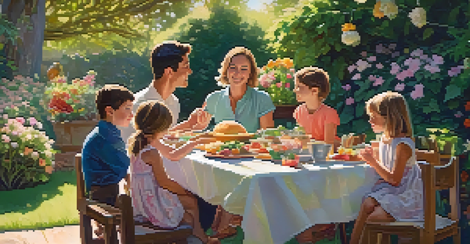 A diverse family enjoying a meal together in a sunlit garden, with children playing in the background.