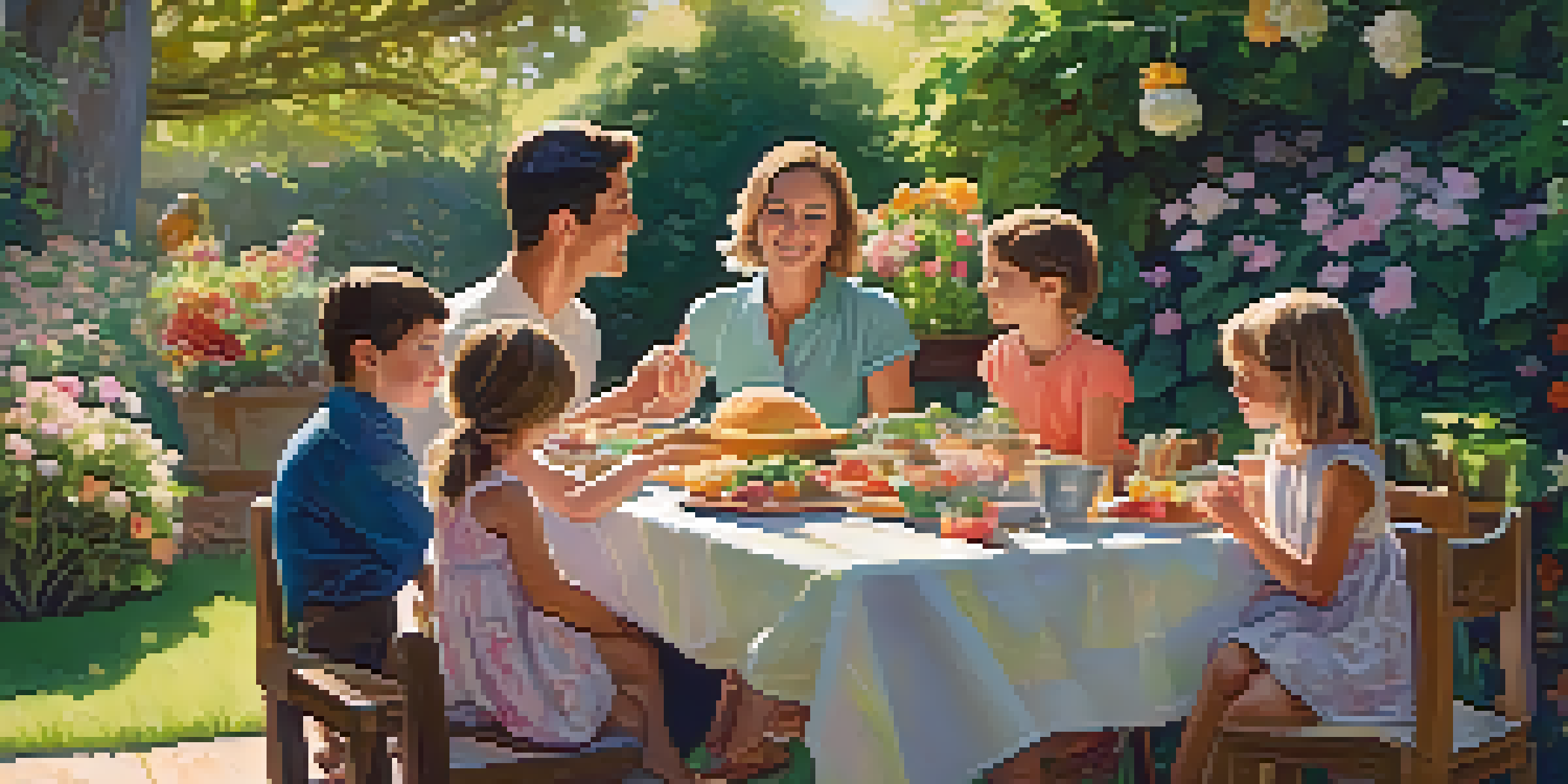 A diverse family enjoying a meal together in a sunlit garden, with children playing in the background.
