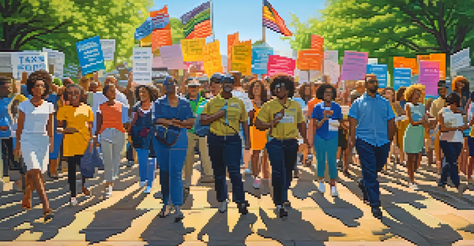 A diverse group of activists in a park holding colorful banners and signs, advocating for civil rights and tax reform, with trees and sunlight in the background.