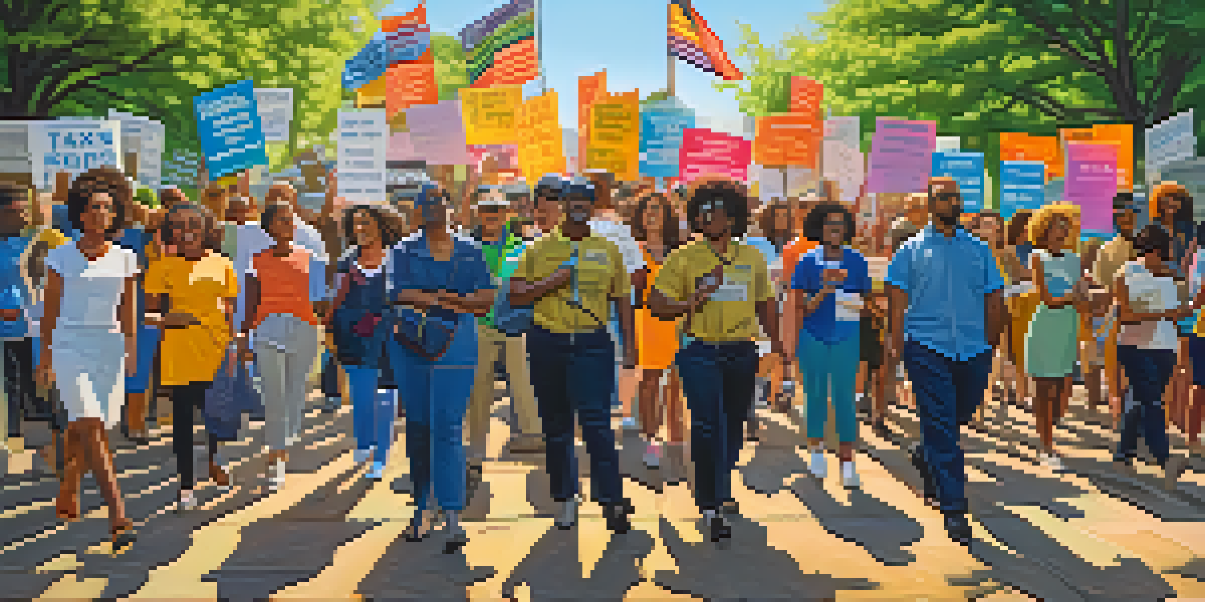 A diverse group of activists in a park holding colorful banners and signs, advocating for civil rights and tax reform, with trees and sunlight in the background.