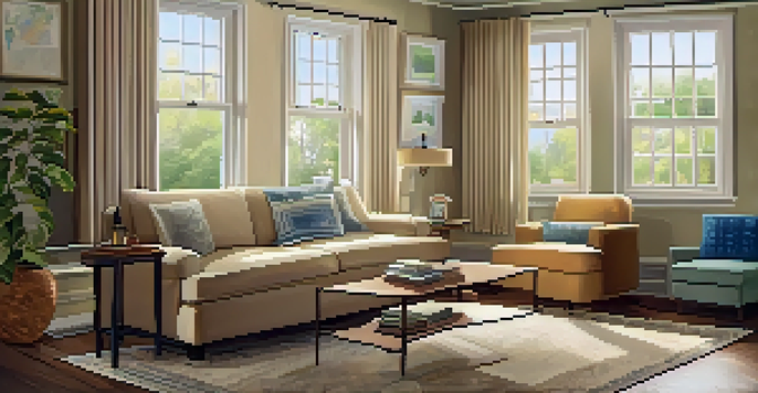 A cozy living room in a rental property with a sofa, coffee table, tax document, and sunlight streaming through the window.