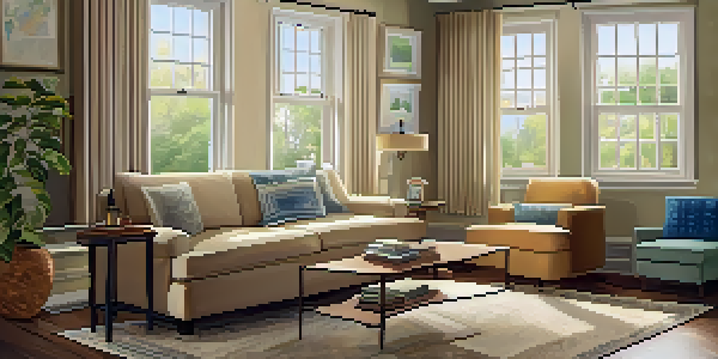 A cozy living room in a rental property with a sofa, coffee table, tax document, and sunlight streaming through the window.