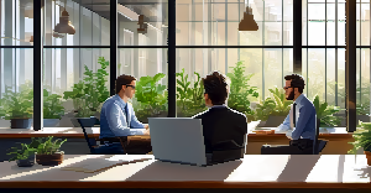 Two business partners in an office discussing over a laptop, surrounded by plants and sunlight.