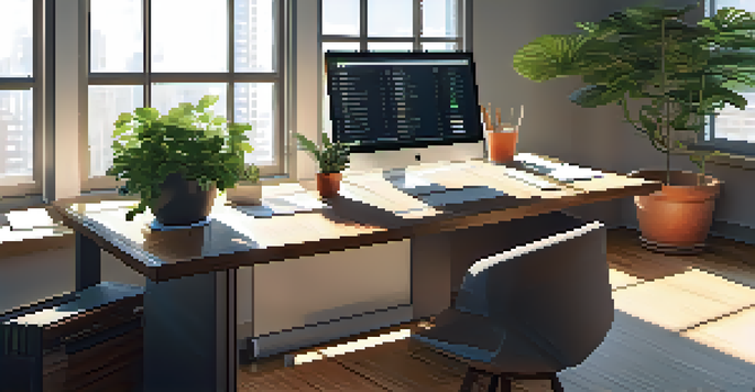 A calm office with a wooden desk, laptop, organized files, and sunlight streaming through a window.