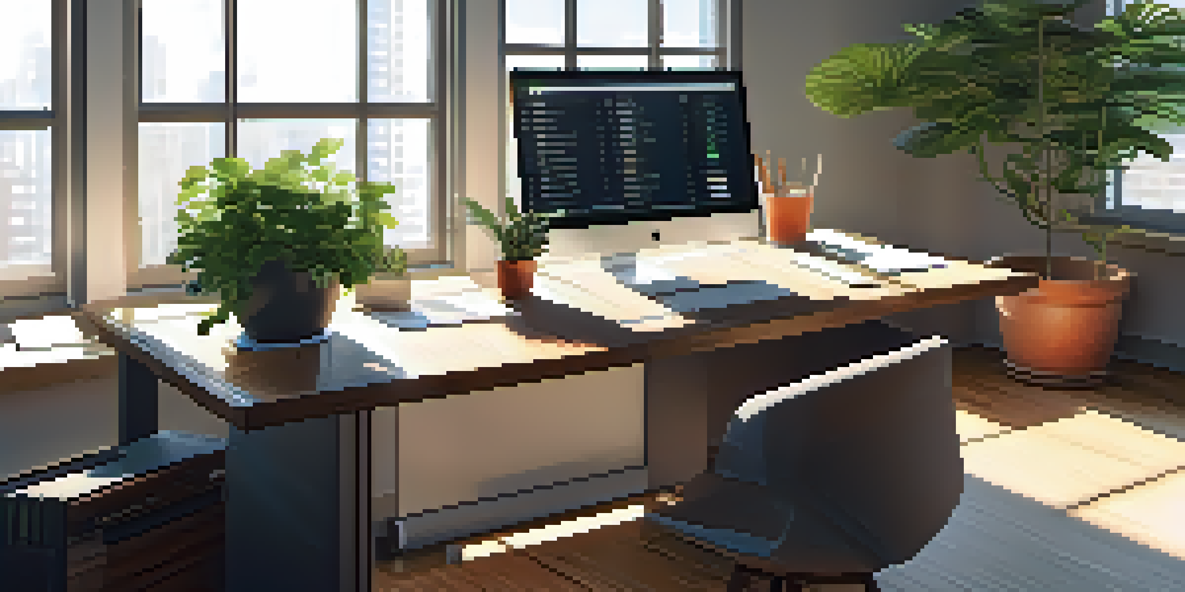 A calm office with a wooden desk, laptop, organized files, and sunlight streaming through a window.