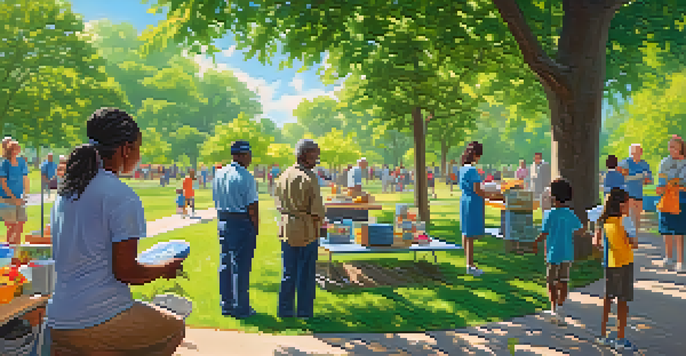 A peaceful park filled with people of different ages participating in charitable activities, surrounded by greenery and flowers under a clear sky.