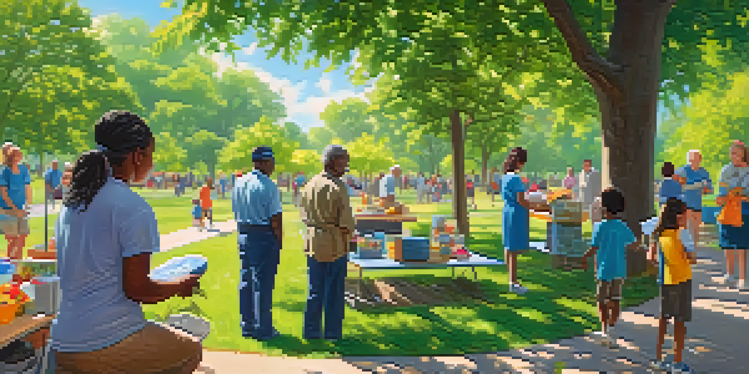 A peaceful park filled with people of different ages participating in charitable activities, surrounded by greenery and flowers under a clear sky.