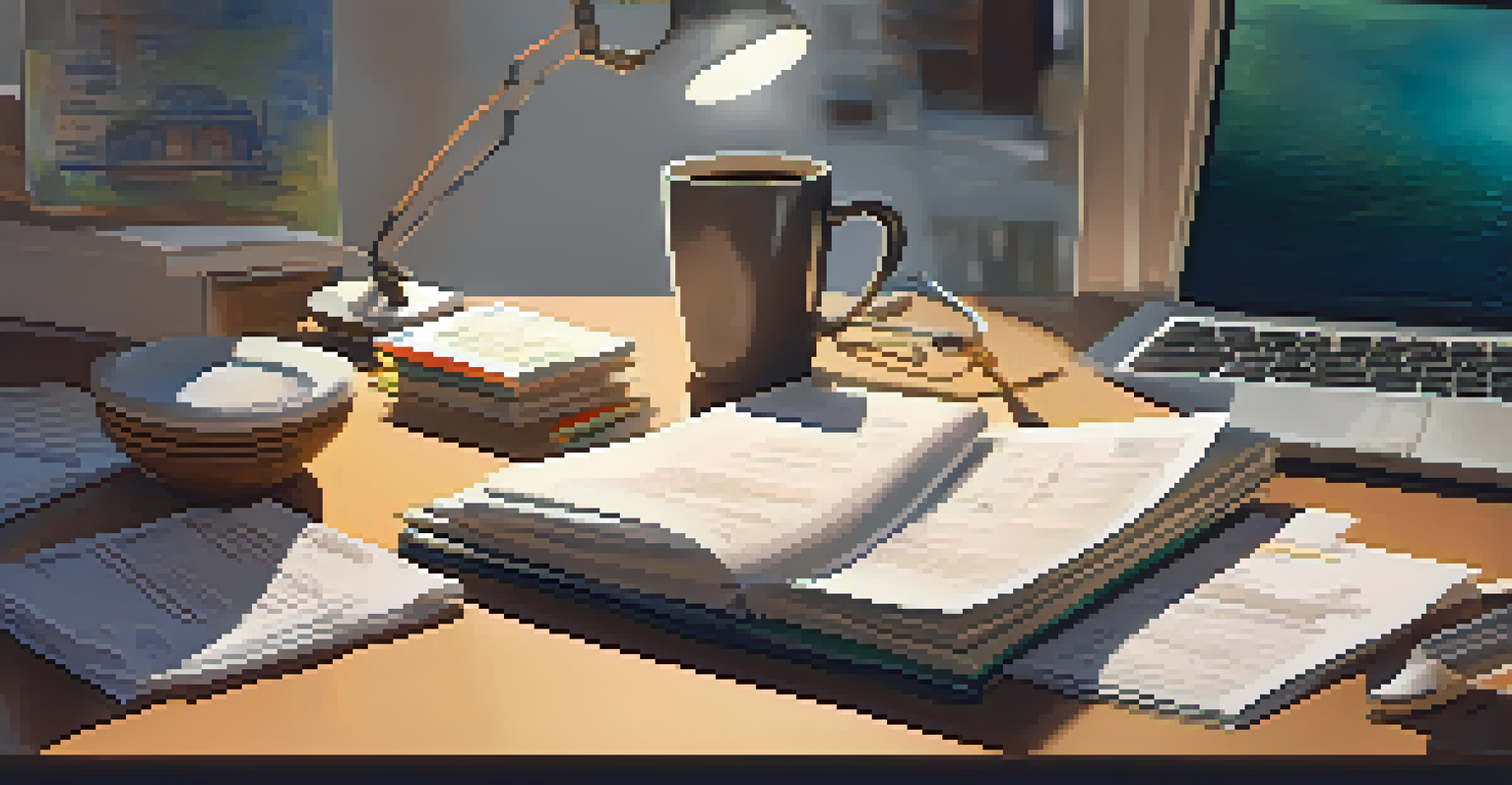 A cluttered desk with financial documents, a laptop showing a crowdfunding site, and a coffee cup under warm desk lamp light.