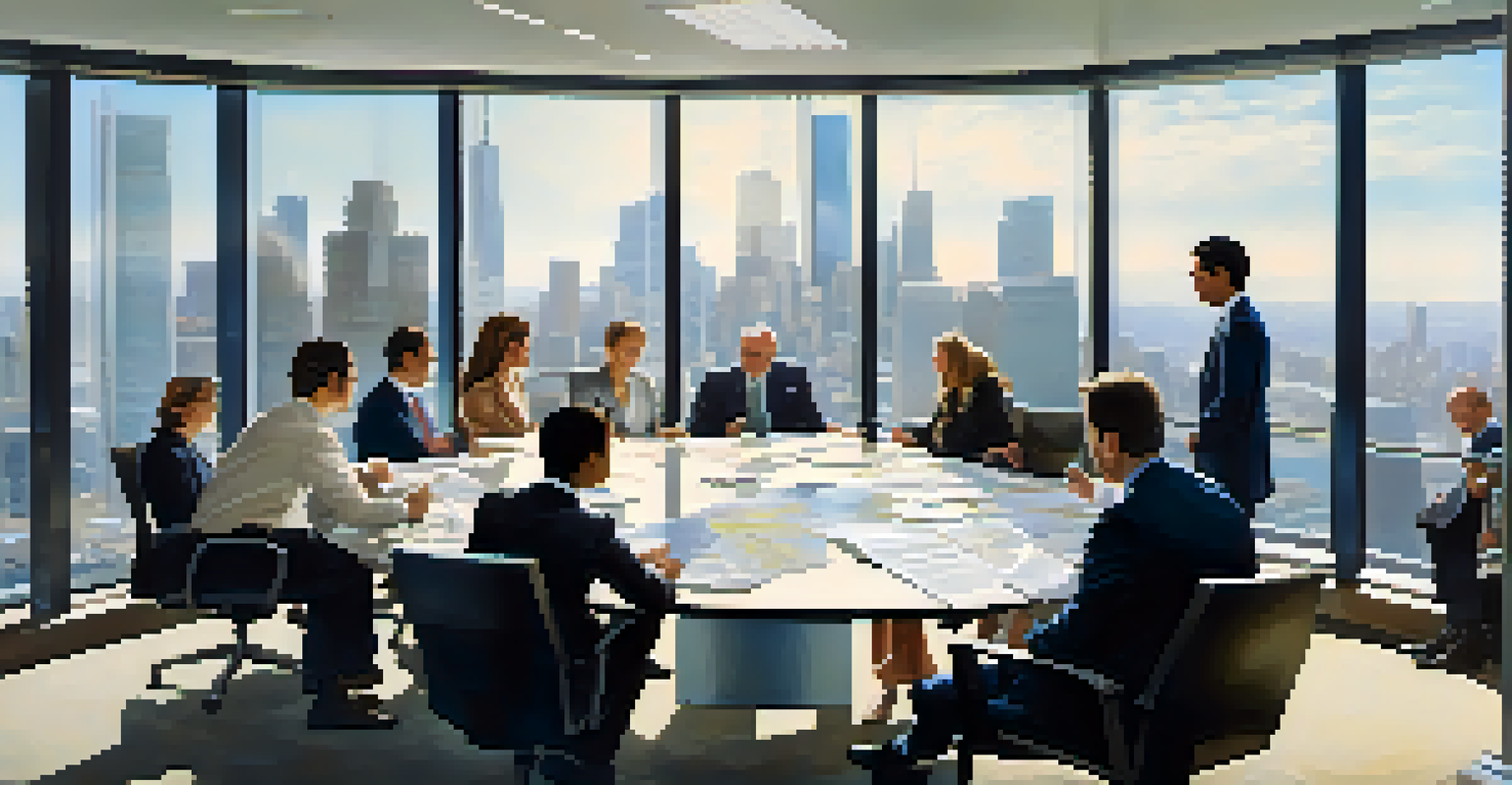 A corporate tax team discussing strategies in a modern office with a city view, surrounded by charts and documents.