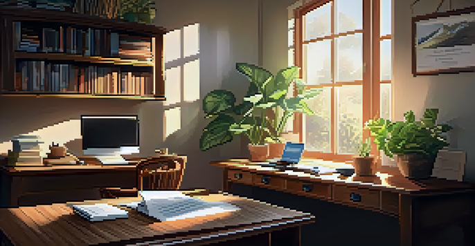 A warm and inviting home office with a wooden desk, laptop, coffee cup, and sunlight streaming through a window.