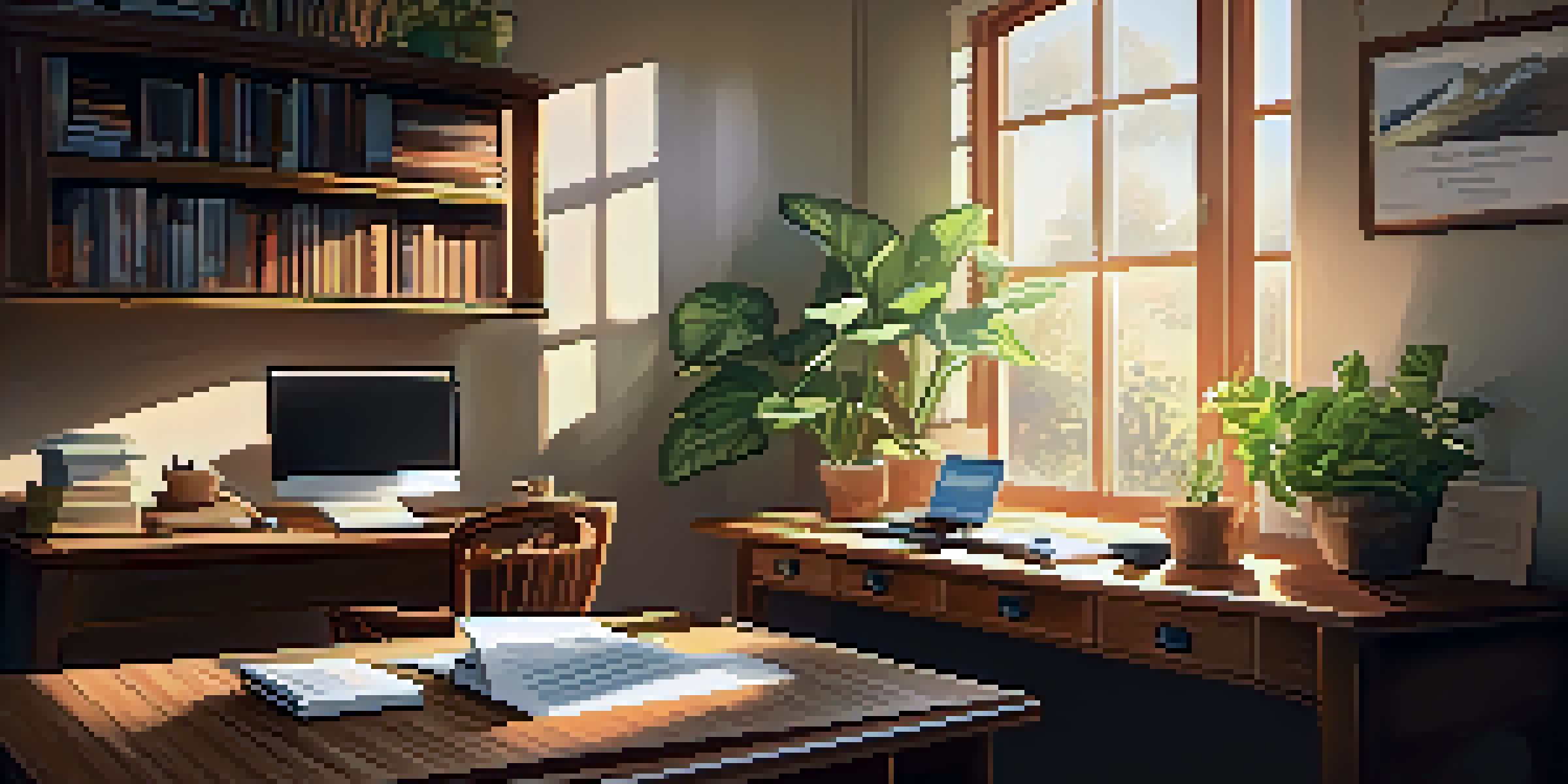 A warm and inviting home office with a wooden desk, laptop, coffee cup, and sunlight streaming through a window.