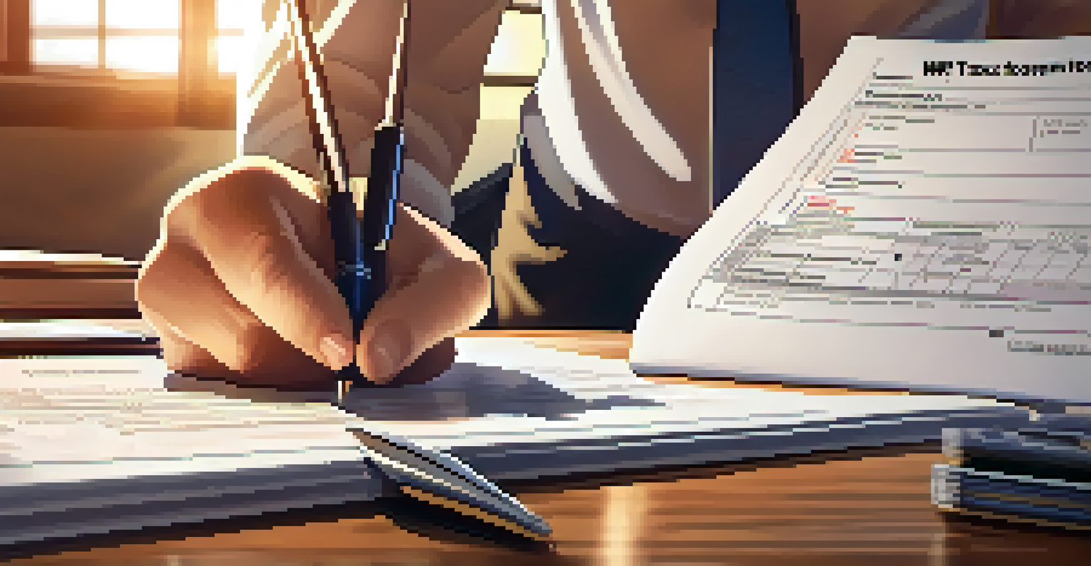 Close-up of hands completing a W-4 tax form on a wooden table, with financial documents and a calculator in the background.