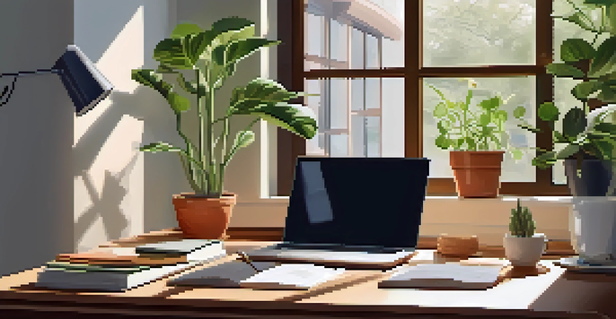A cozy home office featuring a wooden desk with a laptop, houseplants, and a warm lamp, illuminated by sunlight from a window.