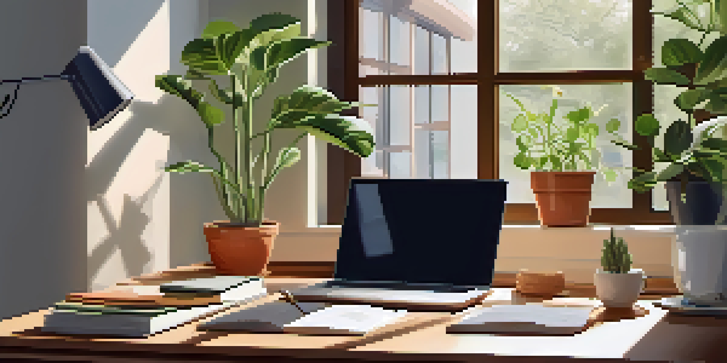 A cozy home office featuring a wooden desk with a laptop, houseplants, and a warm lamp, illuminated by sunlight from a window.