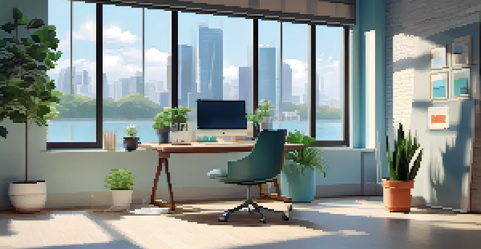 A well-lit office space featuring a modern desk with a laptop, financial graphs on the screen, a potted plant, and a large window.