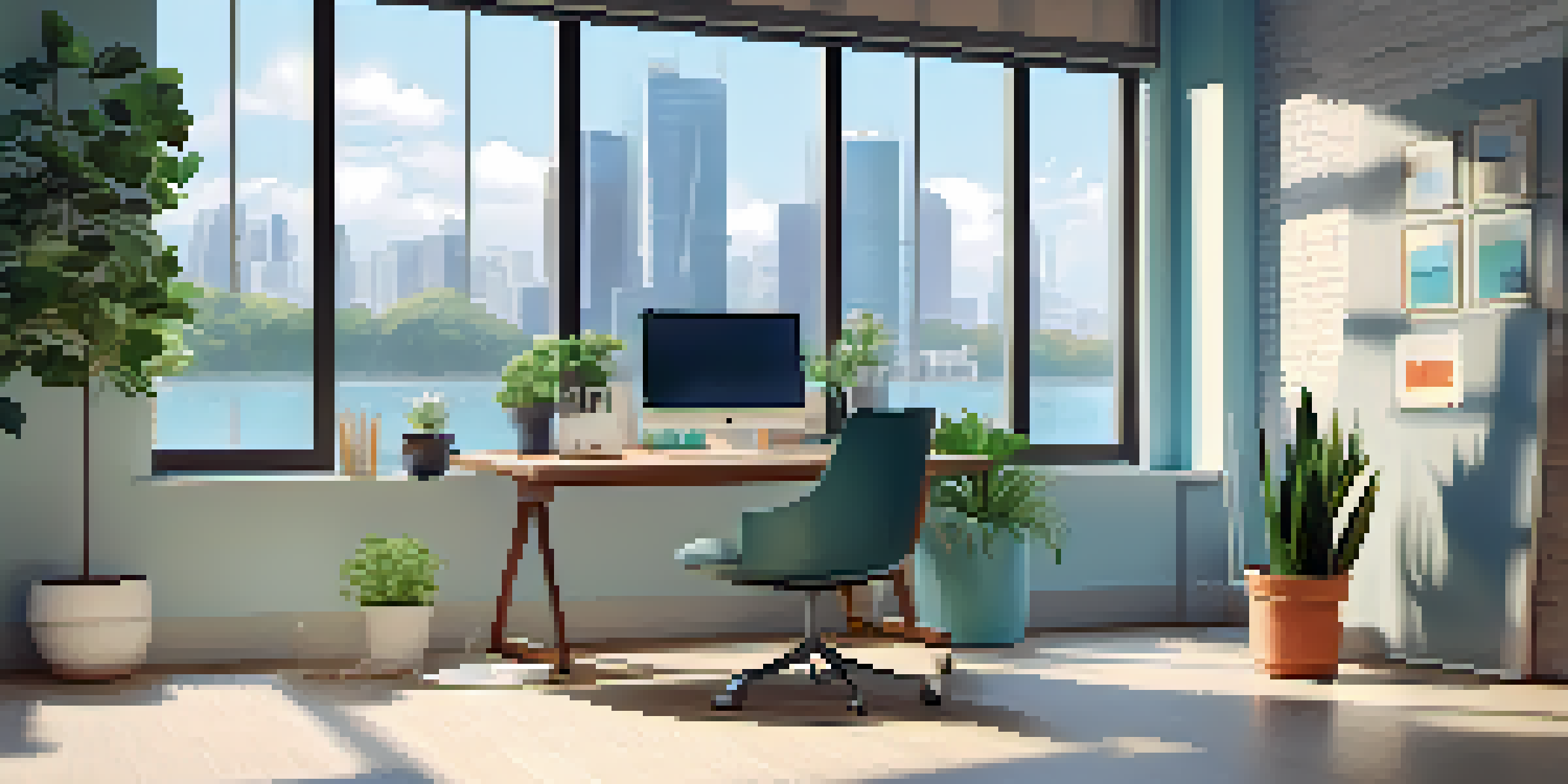 A well-lit office space featuring a modern desk with a laptop, financial graphs on the screen, a potted plant, and a large window.