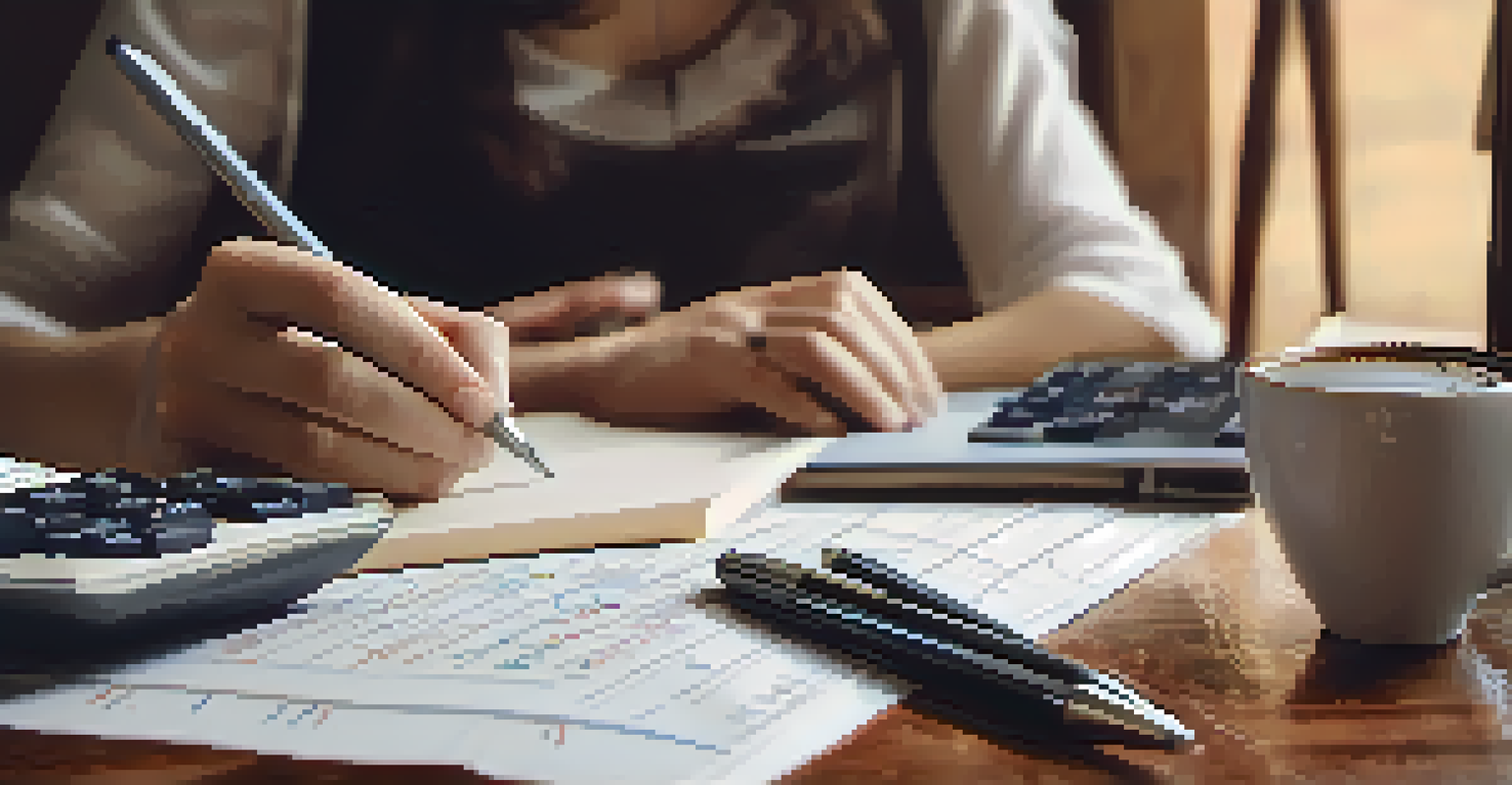 Close-up of hands writing financial calculations in a notebook, with a calculator and coffee cup nearby.
