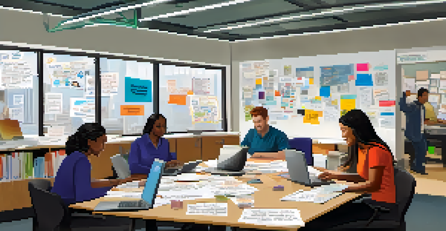 A nonprofit office with staff members collaborating at a table, surrounded by motivational posters and natural light.