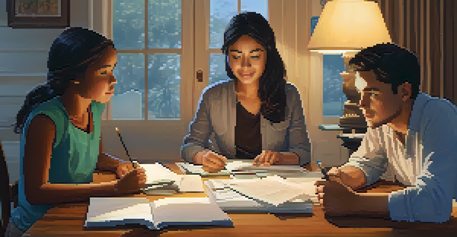A family engaged in discussion at a dining table, surrounded by documents and a laptop, in a warm setting.