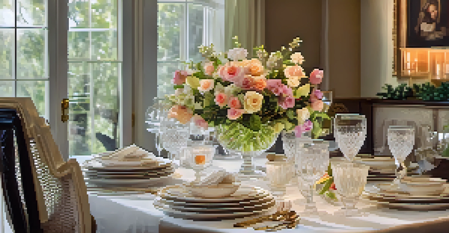 A beautifully set dining table with fine china, crystal glassware, and fresh flowers, warmly lit for an intimate meal.