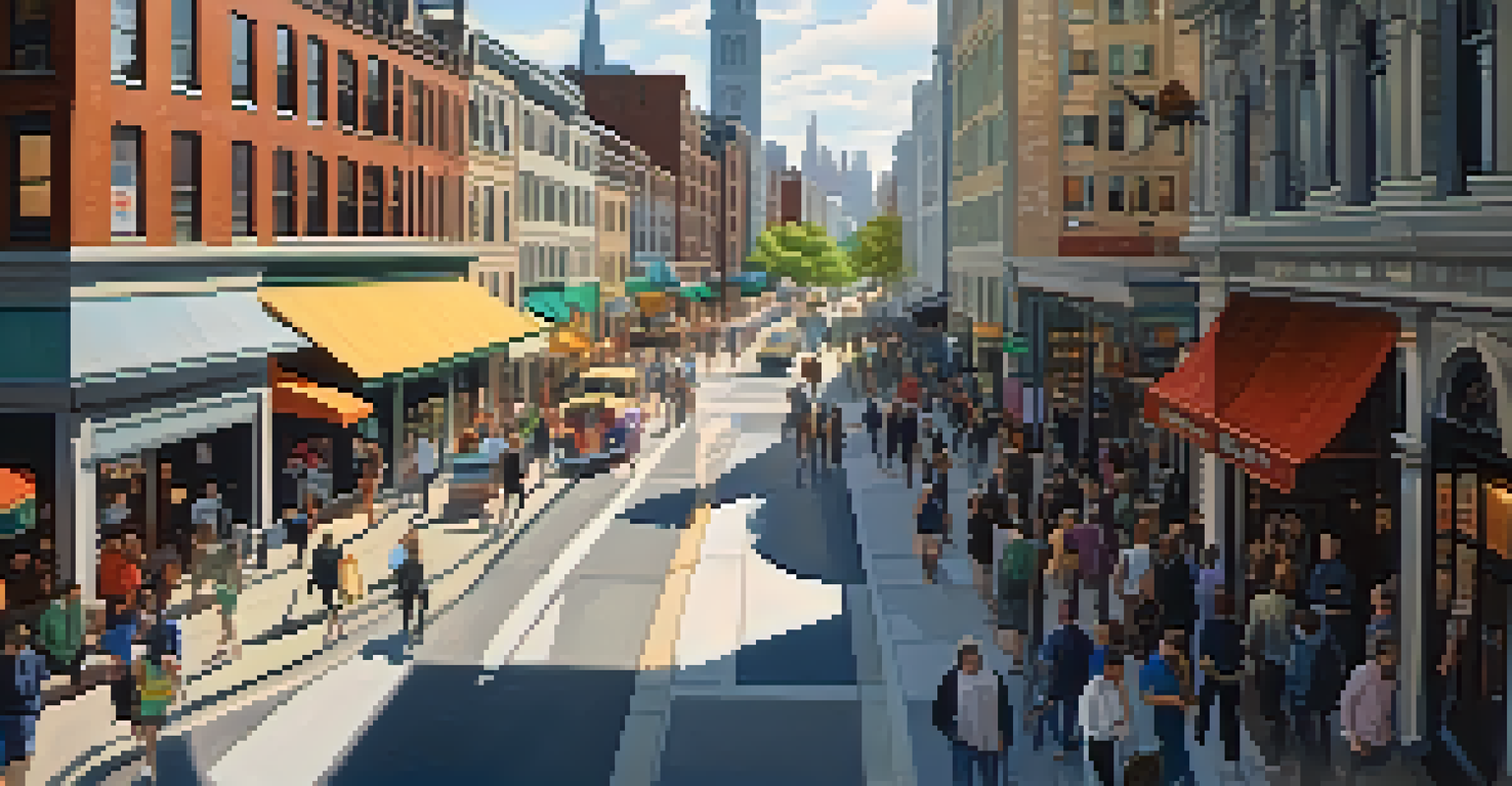 A lively city street with modern and historic buildings, populated with pedestrians and colorful storefronts.