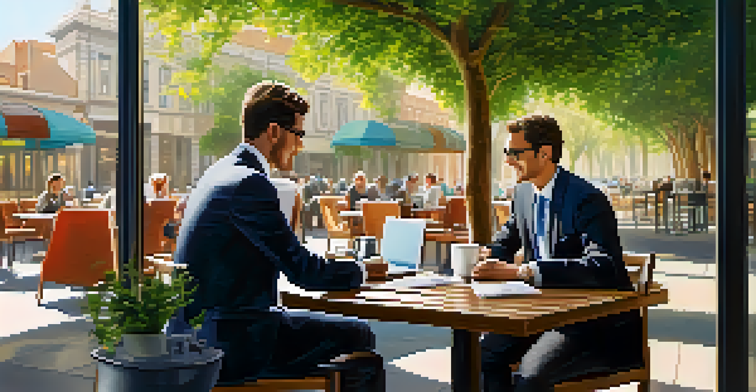 A business consultant discussing tax strategies with a client at a café, with a laptop open on the table and greenery in the background.