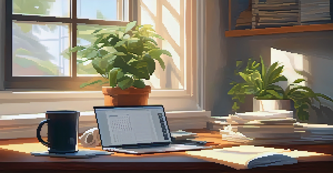 A warm and inviting home office with a desk, laptop, coffee mug, and potted plant, illuminated by sunlight.
