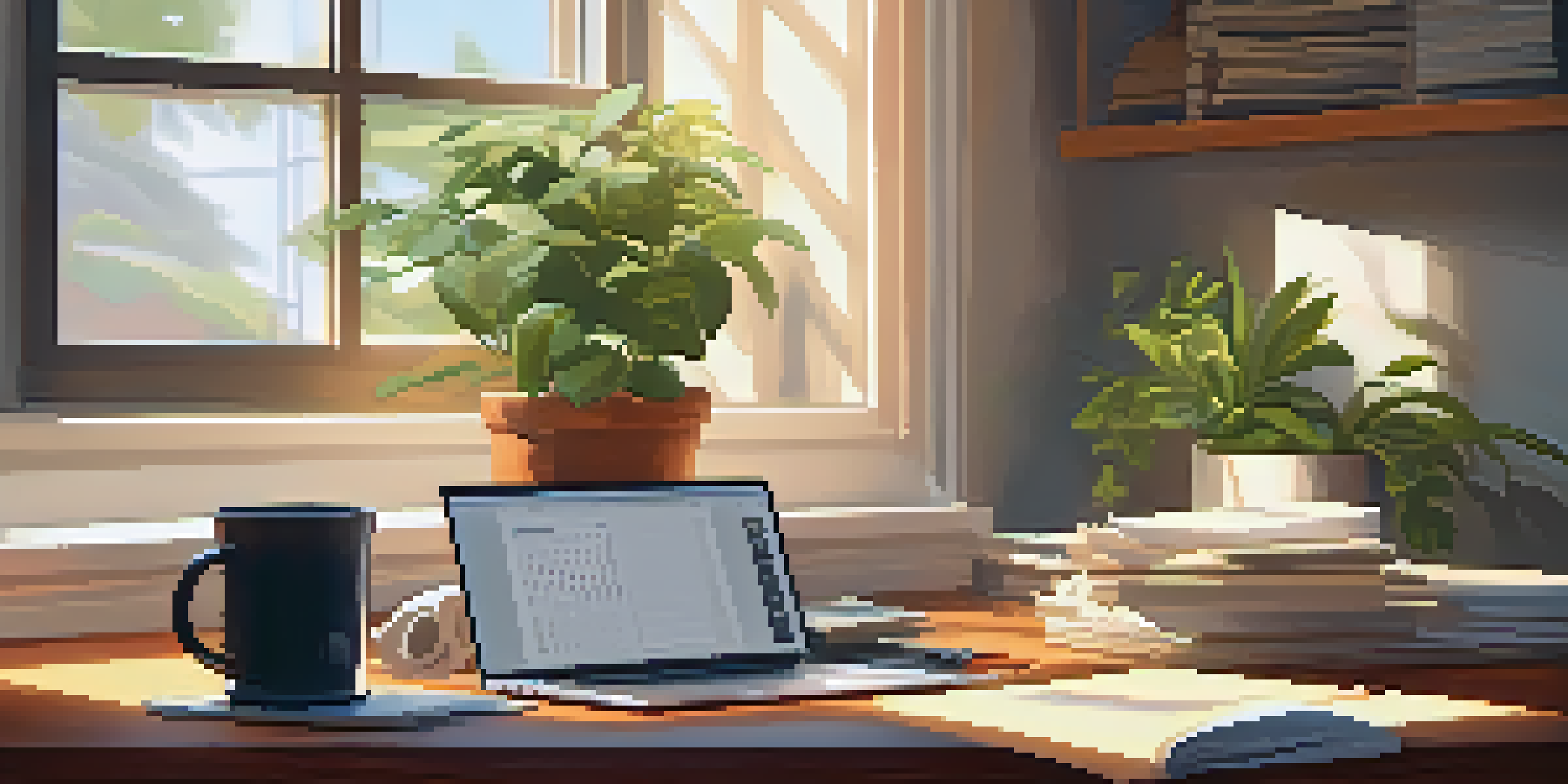 A warm and inviting home office with a desk, laptop, coffee mug, and potted plant, illuminated by sunlight.