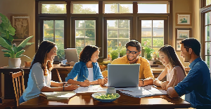 A family gathered around a table, discussing tax planning amidst paperwork and laptops in a warm, sunlit room.
