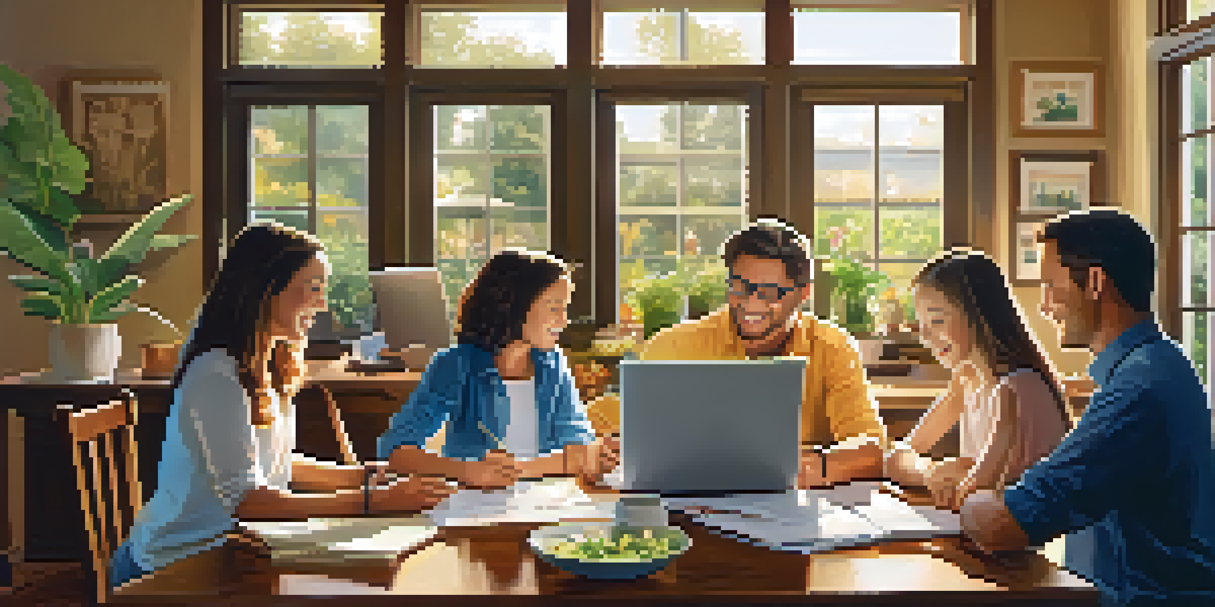 A family gathered around a table, discussing tax planning amidst paperwork and laptops in a warm, sunlit room.