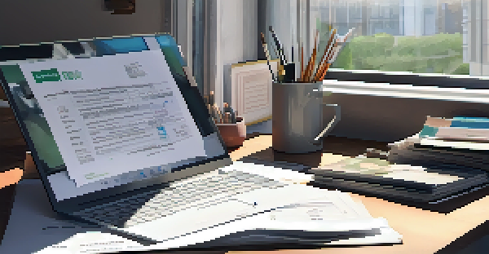 A well-organized desk with an open tax form, a laptop, and scattered financial documents, illuminated by natural sunlight.