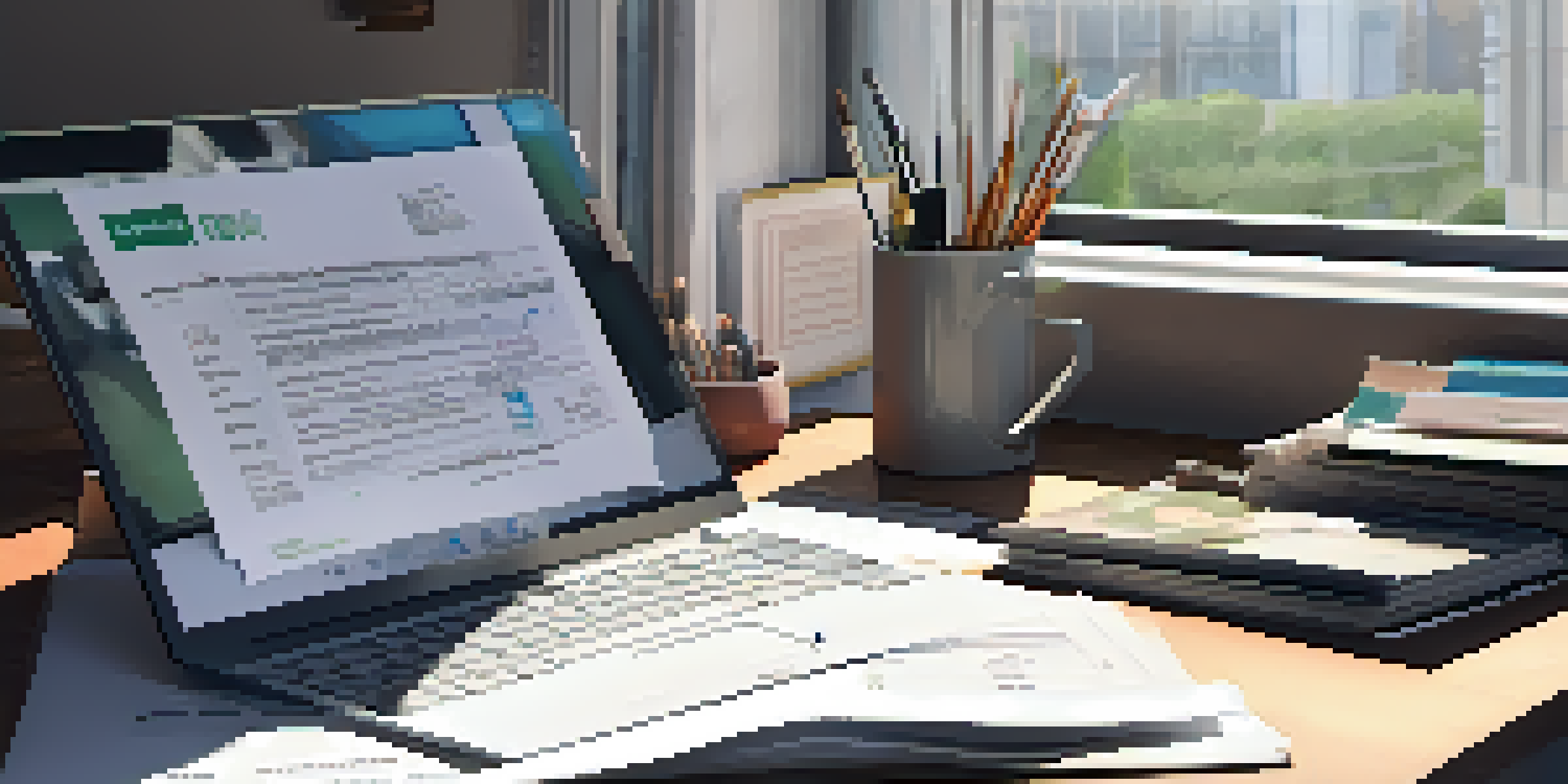 A well-organized desk with an open tax form, a laptop, and scattered financial documents, illuminated by natural sunlight.