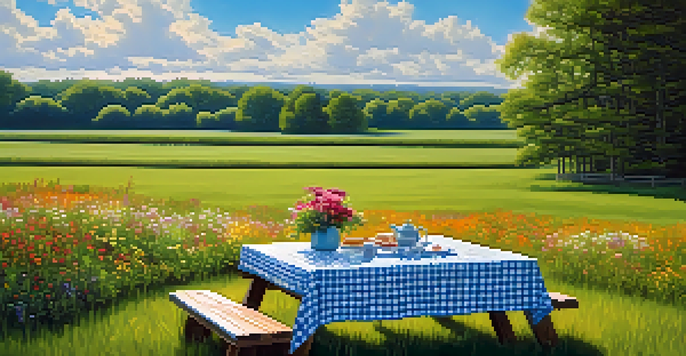 A peaceful outdoor picnic scene with a wooden table in a green field under a blue sky and white clouds.