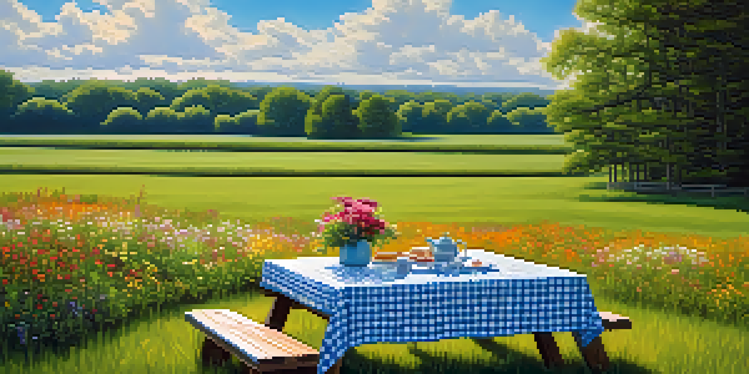 A peaceful outdoor picnic scene with a wooden table in a green field under a blue sky and white clouds.
