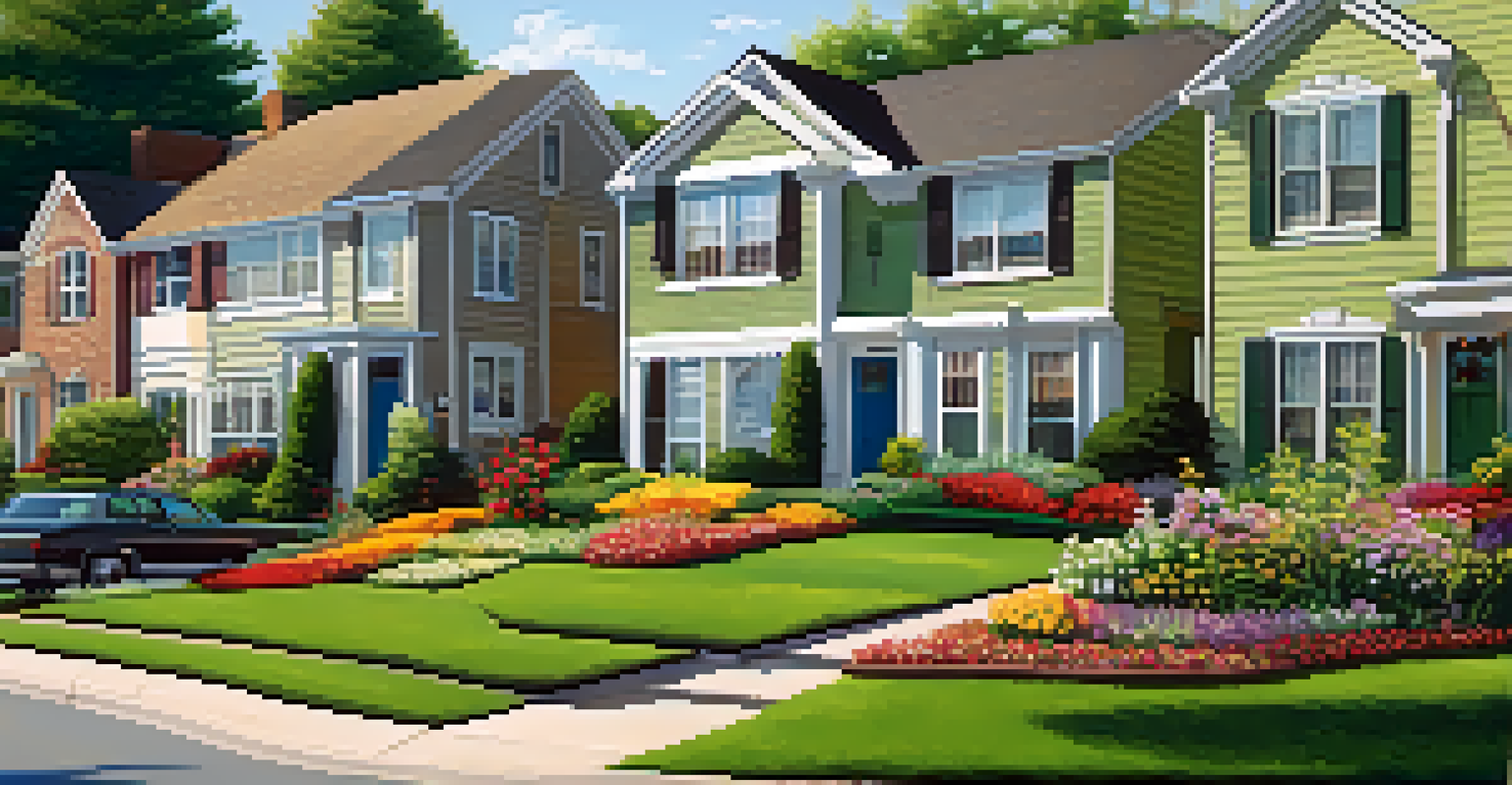 A suburban neighborhood with beautiful rental homes, green lawns, and colorful flowers.