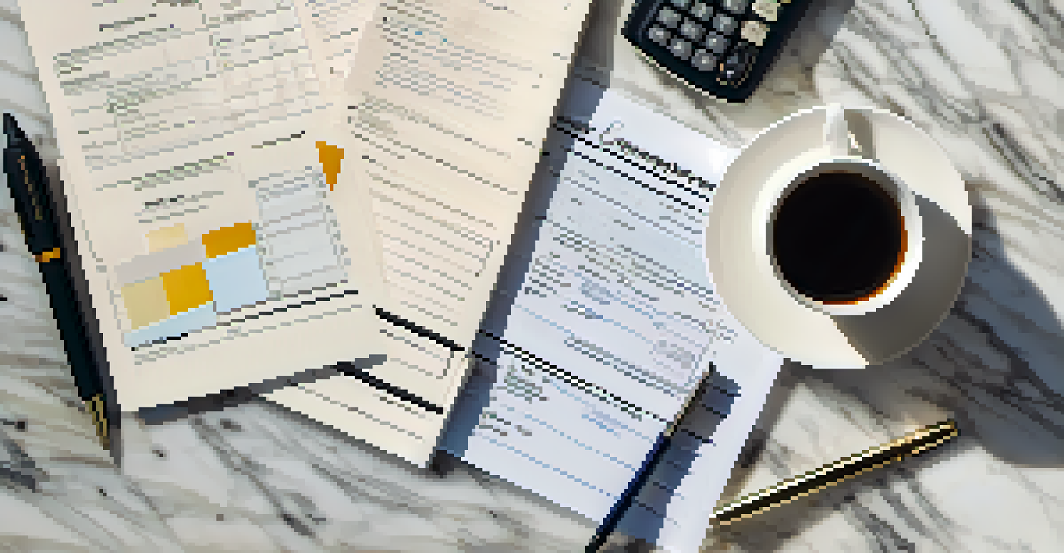 An organized flat lay of tax documents, a calculator, and a coffee mug on a marble table.