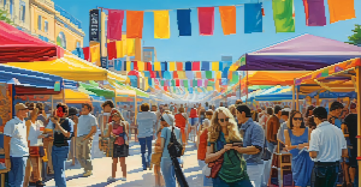 An outdoor art festival with artists showcasing their work and visitors exploring.