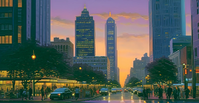 A city skyline during dusk with modern skyscrapers and traditional buildings, illuminated by streetlights.